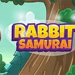 En tegneseriekanin med rød pannebånd og briller svever ved siden av et tre med teksten Rabbit Samurai i fargerike bokstaver