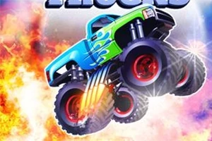 En stor monstertruck med grønne og blå detaljer hopper i luften med flammer i bakgrunnen