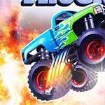 En stor monstertruck med grønne og blå detaljer hopper i luften med flammer i bakgrunnen