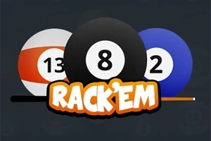 Tre biljardkuler med tallene 13, 8, og 2, samt tekstlogoen RackEm foran dem