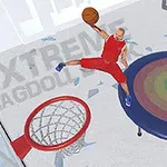 En person i rødt antrekk dunker en basketball gjennom en kurv etter å ha hoppet fra en fargerik trampoline
