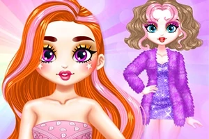 To an animerte figurer med stort hode, store øyne og fargerike antrekk mot en rosa bakgrunn