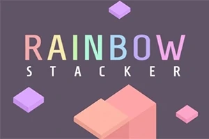 Ord RAINBOW STACKER i pastellfarger med geometriske former rundt på en mørk bakgrunn