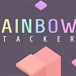 Ord RAINBOW STACKER i pastellfarger med geometriske former rundt på en mørk bakgrunn