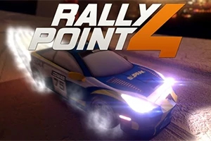 Rally Point 4 En racerbils frontlys lyser opp omgivelsene i mørket med ordene Rally Point 4 skrevet over bildet