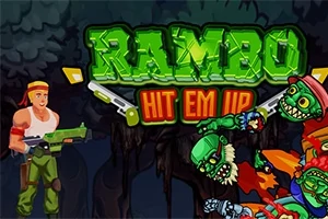 En tegneseriefigur med rødt pannebånd og grønt gevær står mot fargerike, tegneserieaktige zombier, med teksten RAMBO HIT EM UP i bakgrunnen