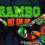 En tegneseriefigur med rødt pannebånd og grønt gevær står mot fargerike, tegneserieaktige zombier, med teksten RAMBO HIT EM UP i bakgrunnen