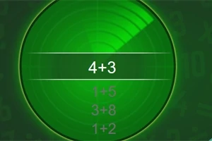 Grønn radarskjerm med en matematisk ligning 4+3 i sentrum og tallkombinasjoner i bakgrunnen