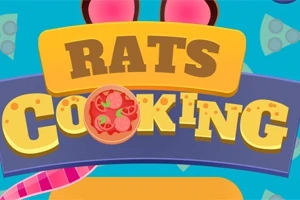 Fargerik illustrasjon med teksten Rats Cooking og en pizza i bokstaven O, omgitt av tegneserieaktige matmotiver