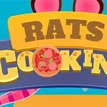 Fargerik illustrasjon med teksten Rats Cooking og en pizza i bokstaven O, omgitt av tegneserieaktige matmotiver