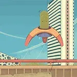 To futuristiske bygninger og en flyvende robotlignende enhet sett mot en blå himmel