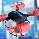 En svart og rød drone med fire rotorblad svever foran en uklar bybakgrunn