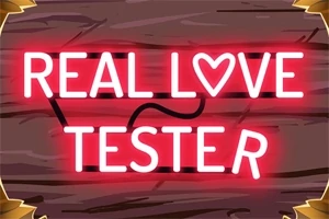 Neonlys i rødt med teksten REAL LOVE TESTER mot en bakgrunn av treplanker