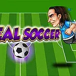 To an karikatur av to fotballspillere på en bane med teksten Real Soccer og en fotball i midten