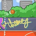 Tegnet basketballbane utendørs med en basketball som flyr mot en kurv, omkranset av grafitti og bybygninger