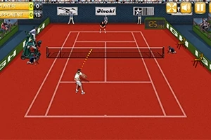 En pikselert tenniskamp med to spillere på en rød bane, omgitt av tilskuere og resultattavle
