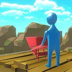 Blå figur står på en treplattform med en rød trillebår foran seg, omgitt av fjellandskap under en blå himmel med skyer
