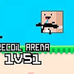 To pikselerte figurer med våpen i en enkel, fargerik bakgrunn med teksten Recoil Arena 1VS1