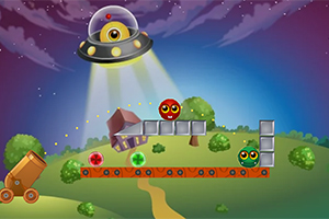 En UFO svever over et landskap med et hus, en kanon og fargerike kuler med ansikter