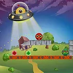 En UFO svever over et landskap med et hus, en kanon og fargerike kuler med ansikter