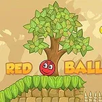 Rød ball med ansikt står på en gresslagt plattform ved siden av et tre, med en gylden mynt og oransje flagg i bakgrunnen
