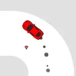 Rød bil i en skarp sving på en grå bakgrunn, med et lite objekt foran seg og svarte spor bak