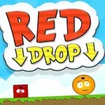 Tegneserieaktig bilde med en oransje, smilende sirkel og en rød firkantet figur på grønt gress under en blå himmel, med teksten RED DROP i en hvit sky
