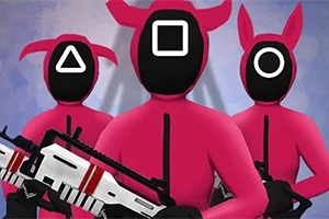 Tre personer i rosa drakter med svarte masker og symbolske former (trekant, firkant, sirkel) på ansiktene, holder futuristiske våpen