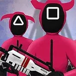 Tre personer i rosa drakter med svarte masker og symbolske former (trekant, firkant, sirkel) på ansiktene, holder futuristiske våpen