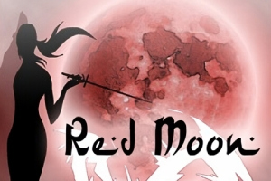 Red Moon Silhuetten av en person med sverd foran en stor rød måne med teksten Red Moon