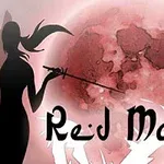 Red Moon Silhuetten av en person med sverd foran en stor rød måne med teksten Red Moon