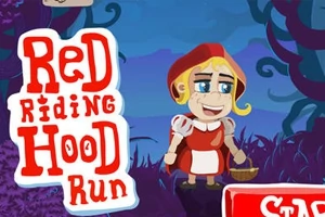 En tegnet jente med rød hette og kurv står i en skog ved siden av teksten Red Riding Hood Run