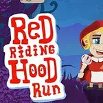 En tegnet jente med rød hette og kurv står i en skog ved siden av teksten Red Riding Hood Run