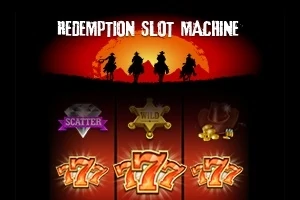 Silhuetter av tre ryttere foran en rød solnedgang med en spilleautomat som viser symboler som scatter, wild, cowboyhatt og tallet 7
