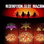 Silhuetter av tre ryttere foran en rød solnedgang med en spilleautomat som viser symboler som scatter, wild, cowboyhatt og tallet 7