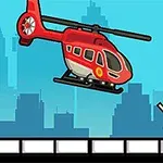 Rød helikopter svever over bysilhuett med en person som står med armene opp