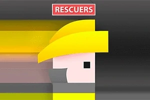 Tegnet figur med gul hjelm og teksten Rescuers øverst