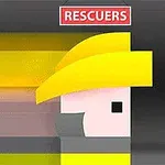 Tegnet figur med gul hjelm og teksten Rescuers øverst