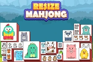 Fargerike mahjongbrikker med tegneseriedyr, inkludert en ku, gris, og dinosaur, under teksten Resize Mahjong