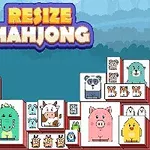 Fargerike mahjongbrikker med tegneseriedyr, inkludert en ku, gris, og dinosaur, under teksten Resize Mahjong