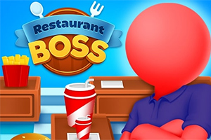 Rød figur med blå skjorte foran en restaurantkiosk med cola og pommes frites, med teksten Restaurant Boss i bakgrunnen