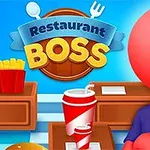 Rød figur med blå skjorte foran en restaurantkiosk med cola og pommes frites, med teksten Restaurant Boss i bakgrunnen