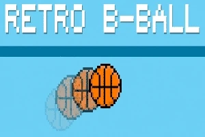 Pikselert bilde av en basketball i bevegelse med teksten Retro B-Ball på blå bakgrunn