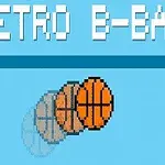Pikselert bilde av en basketball i bevegelse med teksten Retro B-Ball på blå bakgrunn