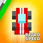 Rødt og hvitt racerbilde i retrostil med tekst Retro Speed på en gul bakgrunn, omkranset av diagonale fargede striper