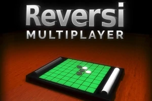 Teksten Reversi Multiplayer vises over et grønt brettspill med svarte og hvite brikker på et bord