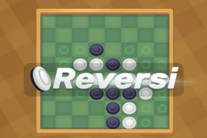 Et brettspill med svarte og hvite brikker på et rutet brett, med teksten Reversi over