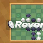Et brettspill med svarte og hvite brikker på et rutet brett, med teksten Reversi over