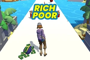 En person går langs en hvit vei med penger på bakken, omgitt av palmer og vann, med teksten Rich Poor over