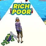 En person går langs en hvit vei med penger på bakken, omgitt av palmer og vann, med teksten Rich Poor over